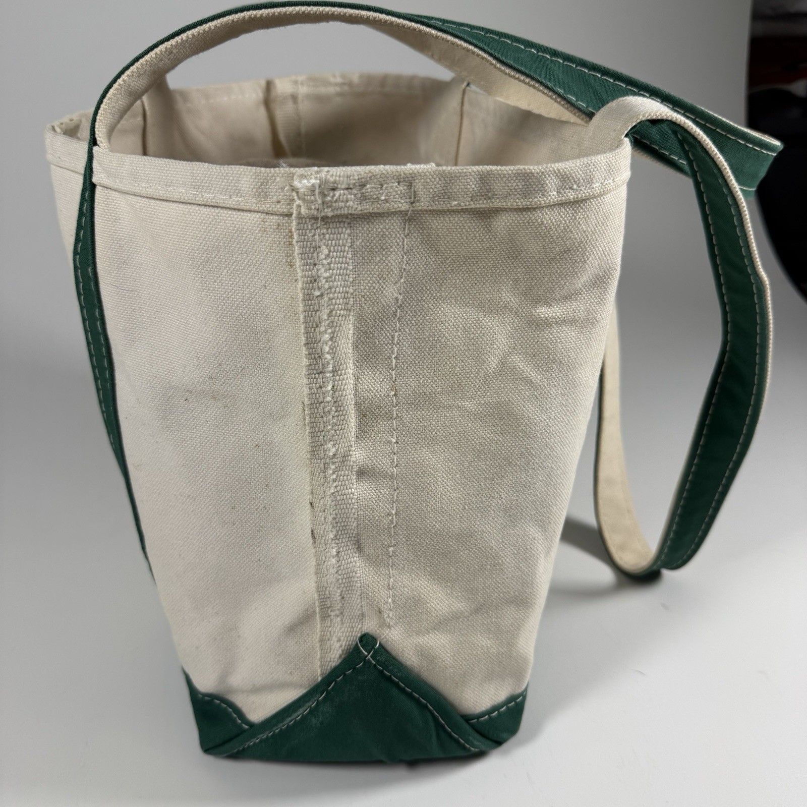 LL Bean Boat and Tote Canvas Bag 12.5″ 5.5″ Green White Made In USA Stiff