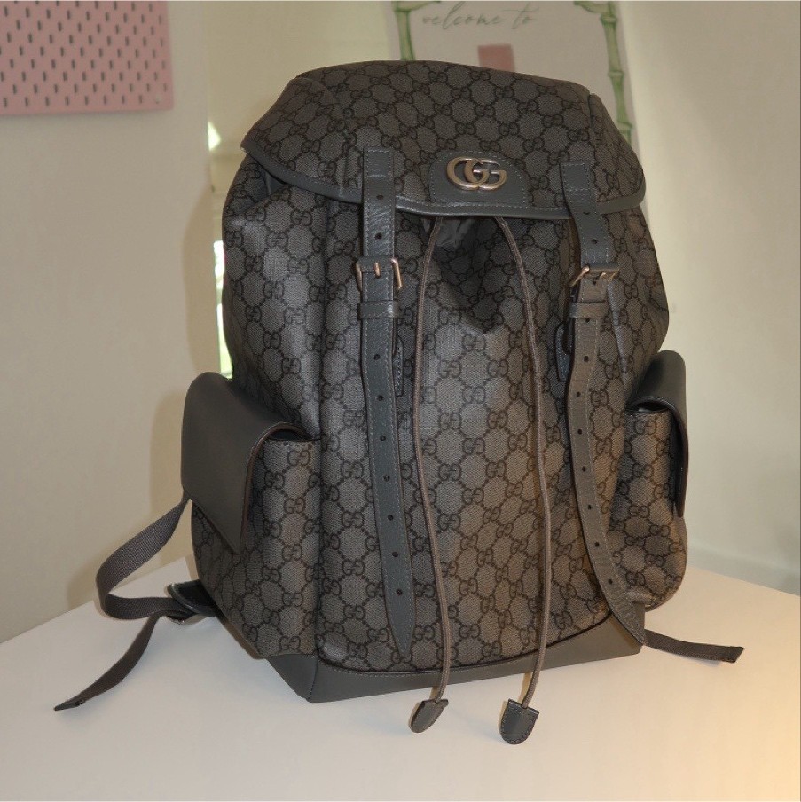 Gucci GG Pattern Gray/Black Backpack Drawstring Flap Buckle Adjustable Strap