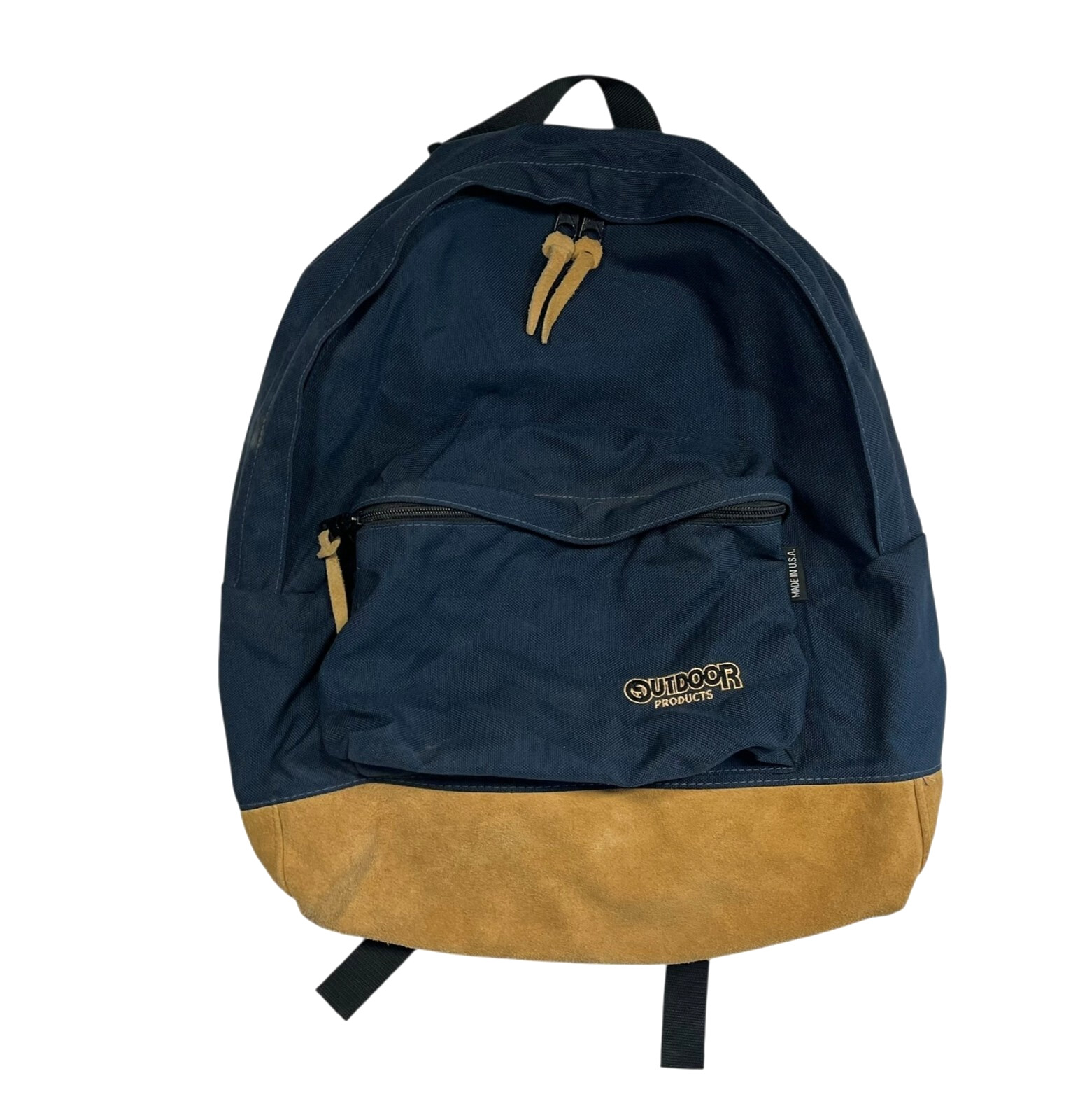 Vtg 90s OUTDOOR PRODUCTS Blue/Brown SUEDE-LEATHER BOTTOM BACKPACK Hike Gym Bag