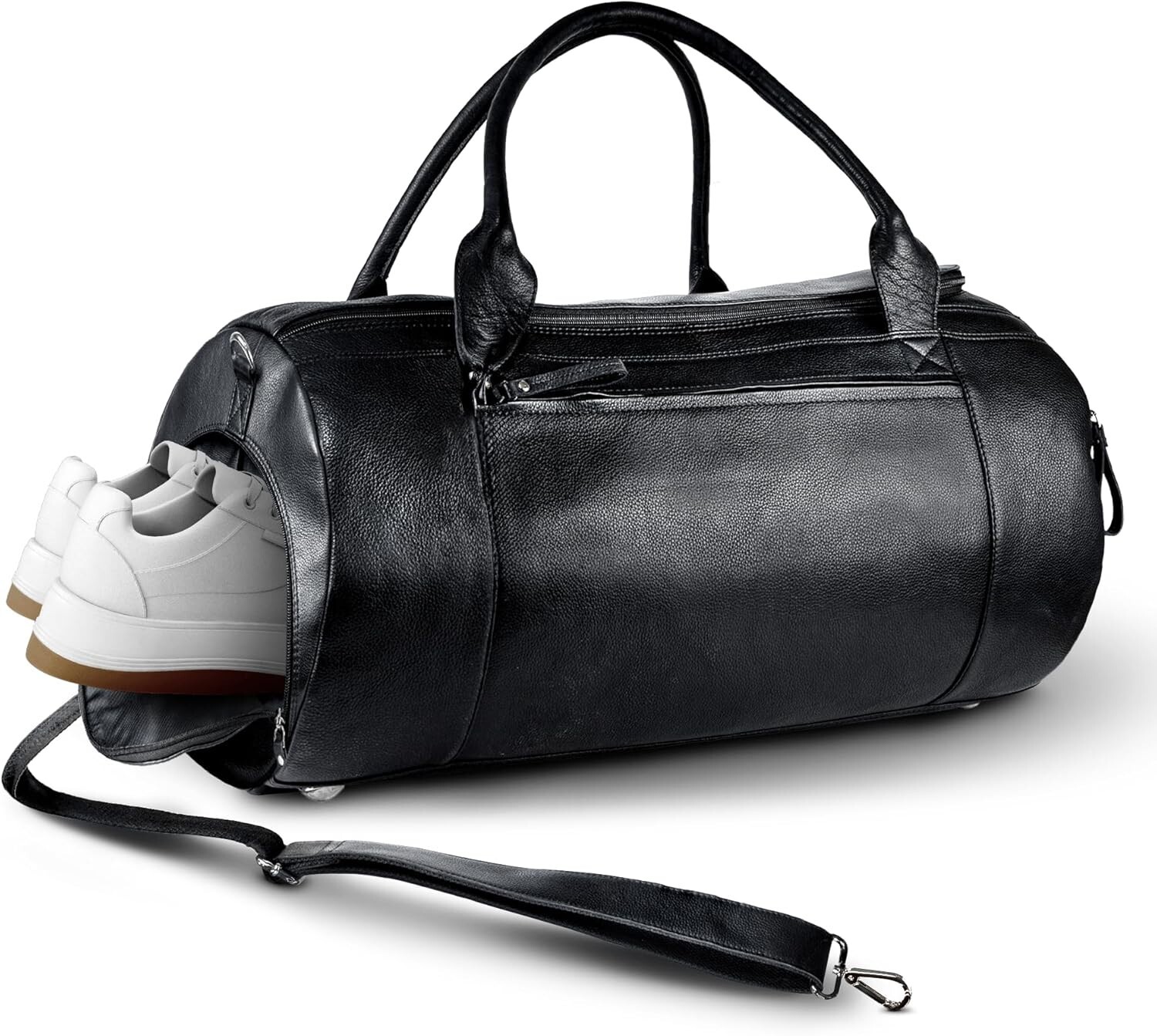 Mens Leather Travel Duffel Bag with Shoe Compartment, Secret Air Tag Holder, Rem
