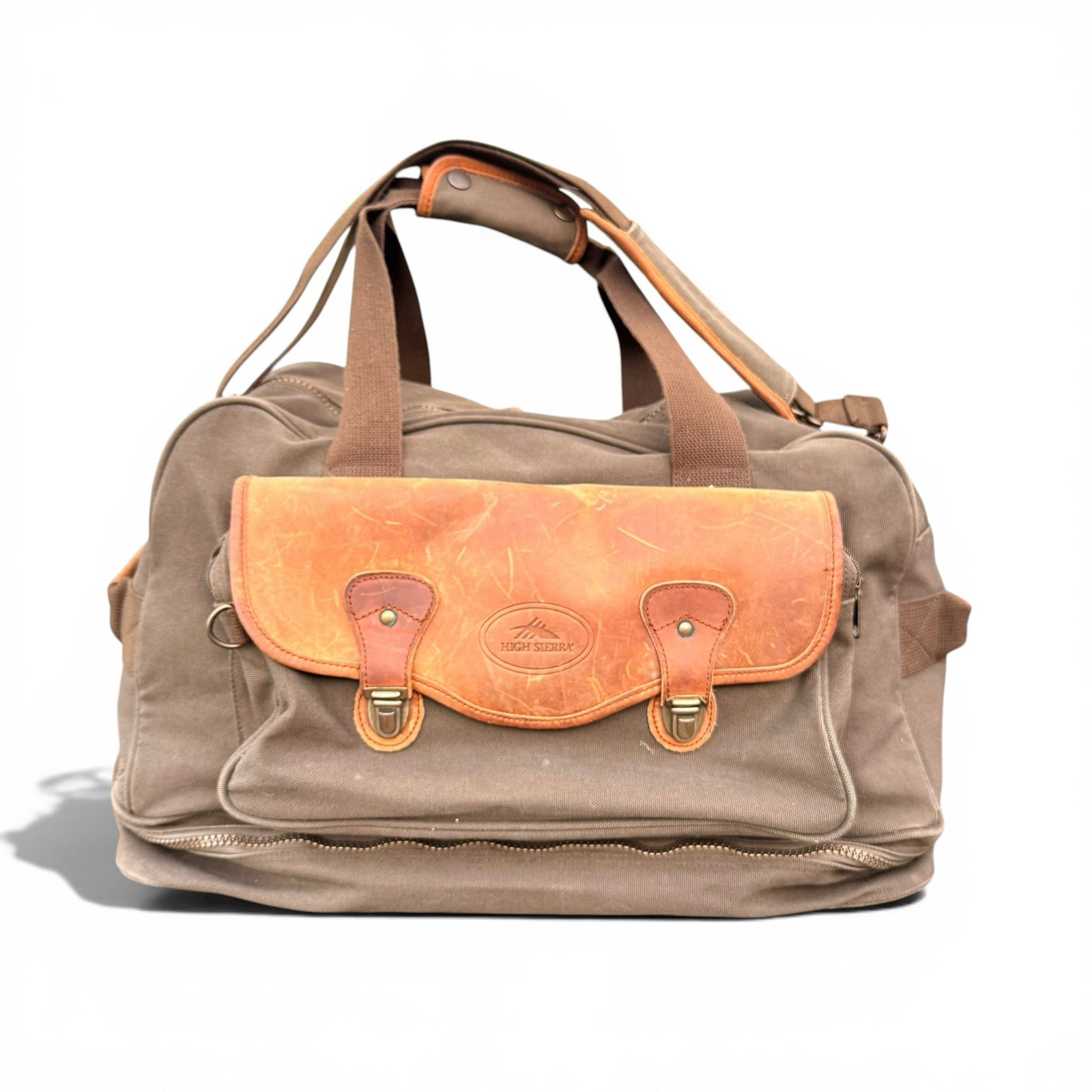 Vintage High Sierra Leather Canvas Duffle Bag Brown Weekender Travel Gym Rugged