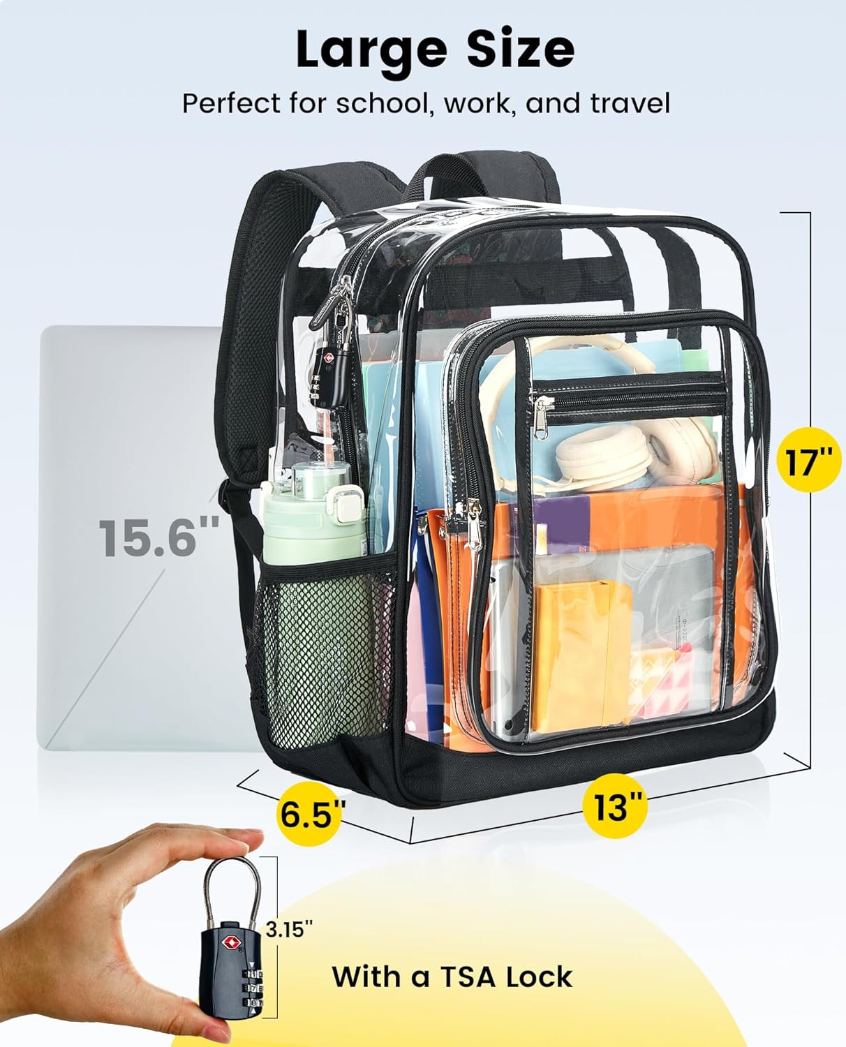 Clear Backpack Heavy Duty – Extra Large Clear Backpacks with TSA Lock Transparen