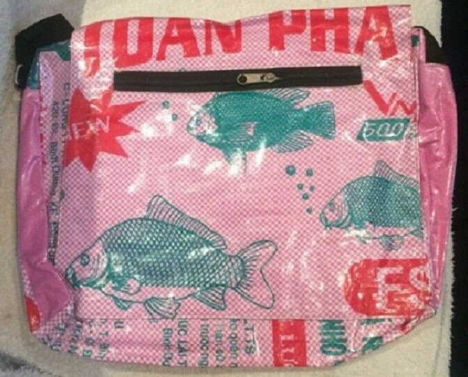 Fair Trade Recycled Deluxe Messenger Bags made in Cambodia from Fish Feed Bags