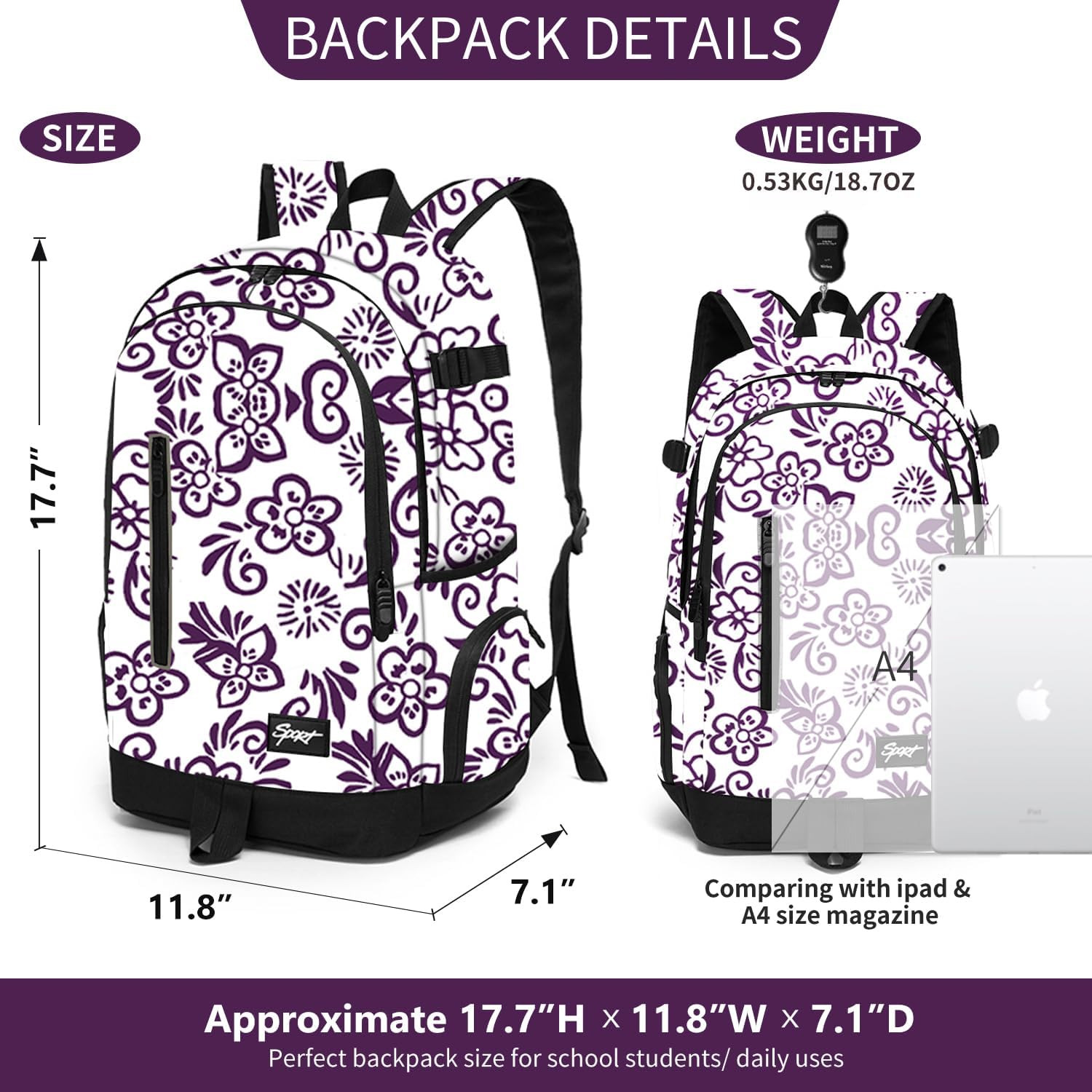 School Backpack Travel Bag for Men & Women Lightweight College Back Pack with La