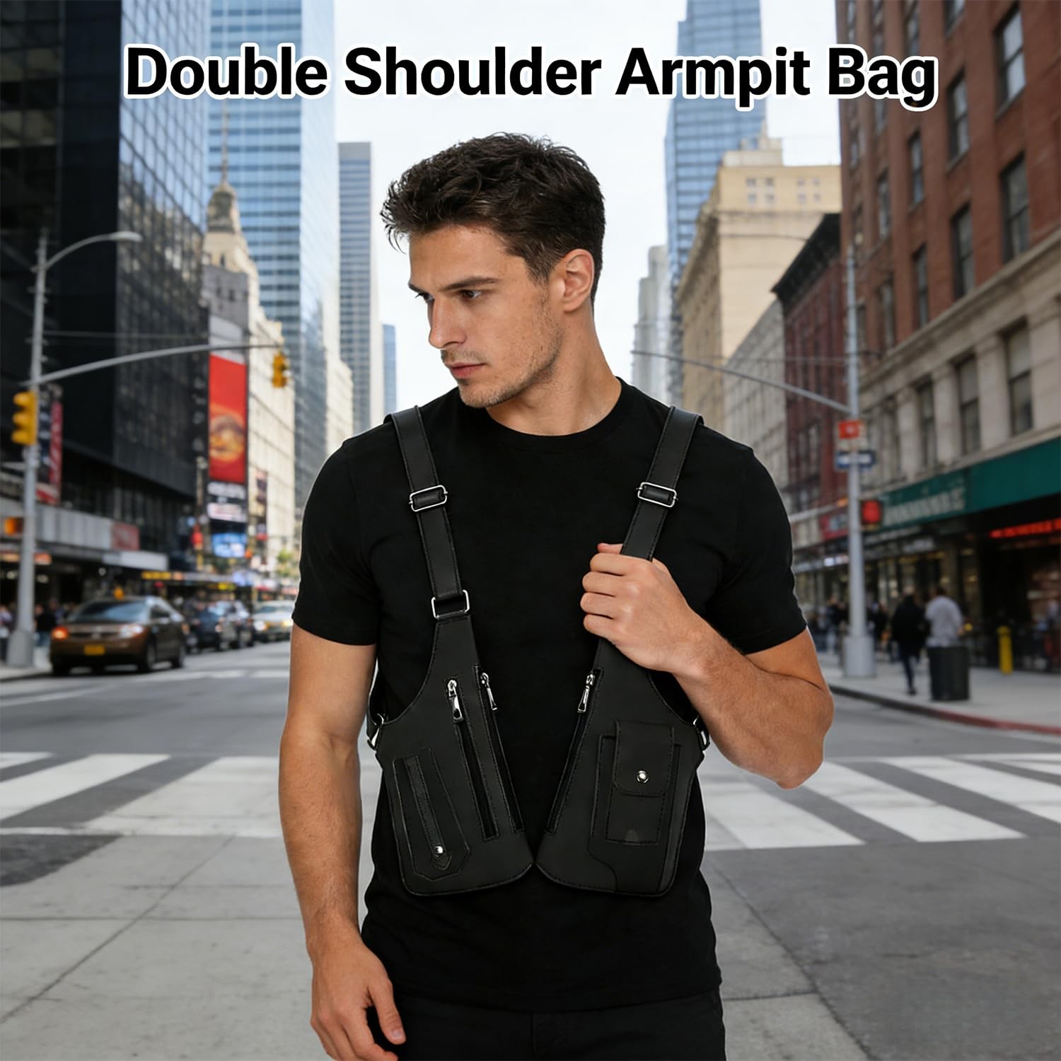 Double Shoulder Armpit Bag,Leather Adjustable Underarm Shoulder Bag for Men,…