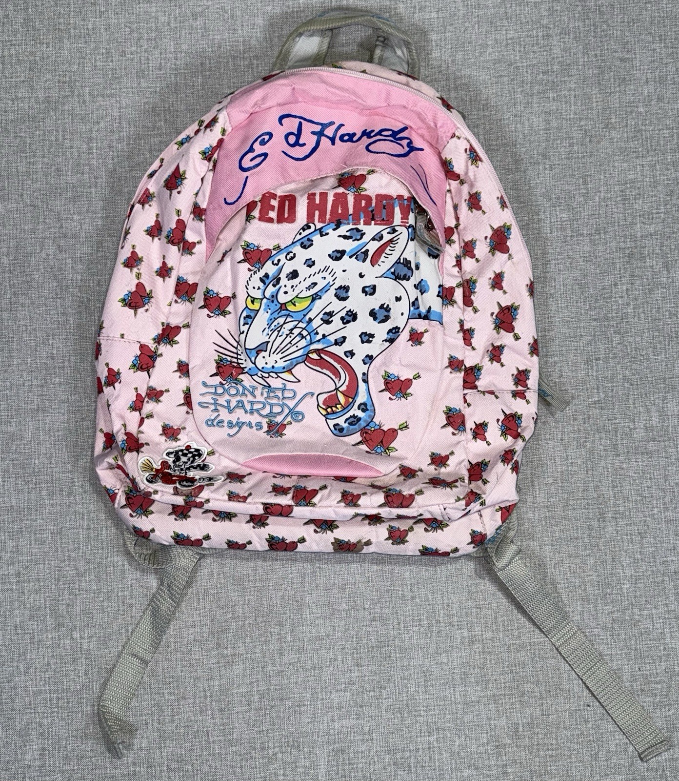 VTG Y2K Ed Hardy All Over Rose Print Leopard Embroidered Backpack Bag 17” 2000s