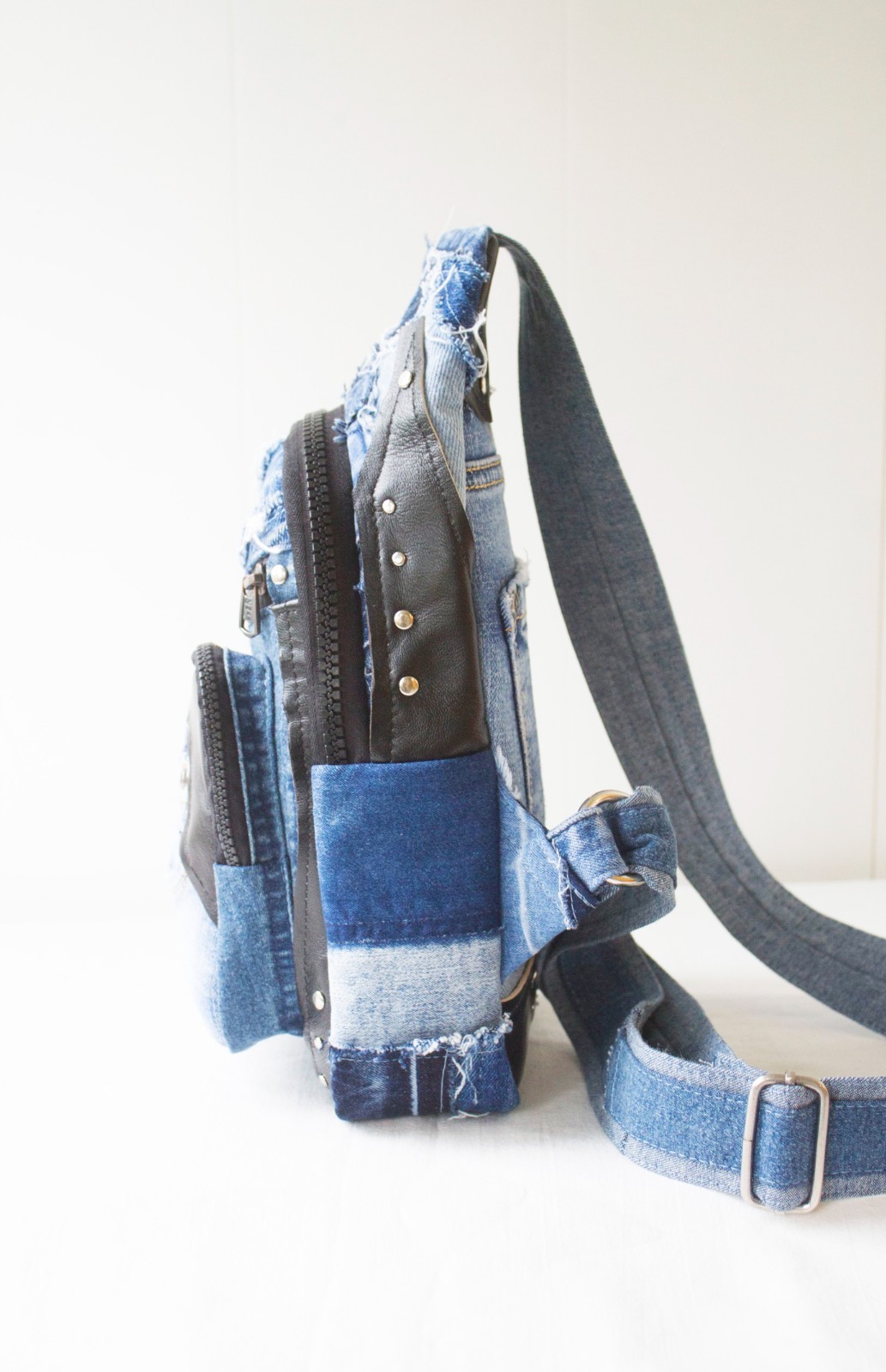 Denim single-strap chest backpack Upcycling Unisex sling bag