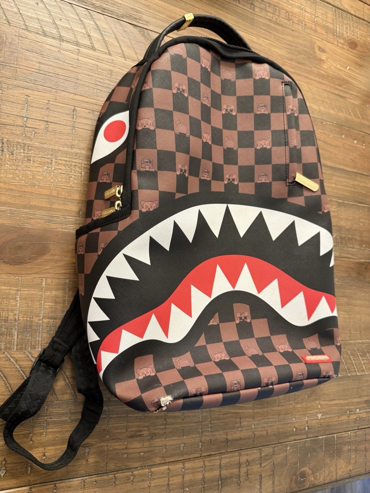 Sprayground Peeking Character Check Shark Mouth Backpack Brown Black Red Inside