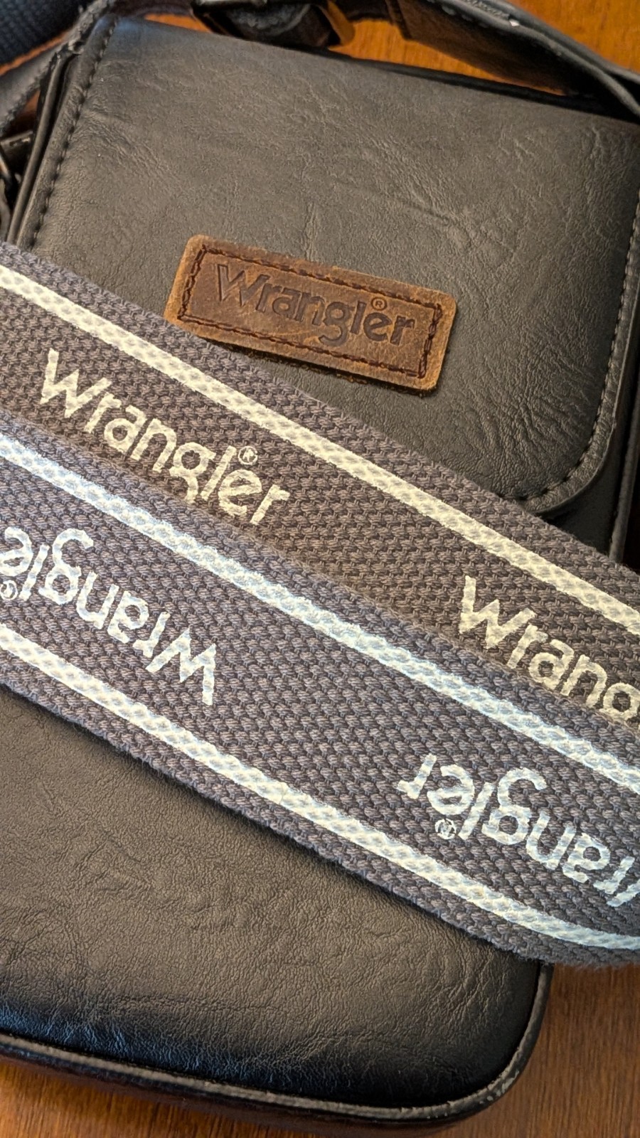 Wrangler Black Crossbody Bag, Zip & Snap Closure, Adjustable Strap, Pocket, Card