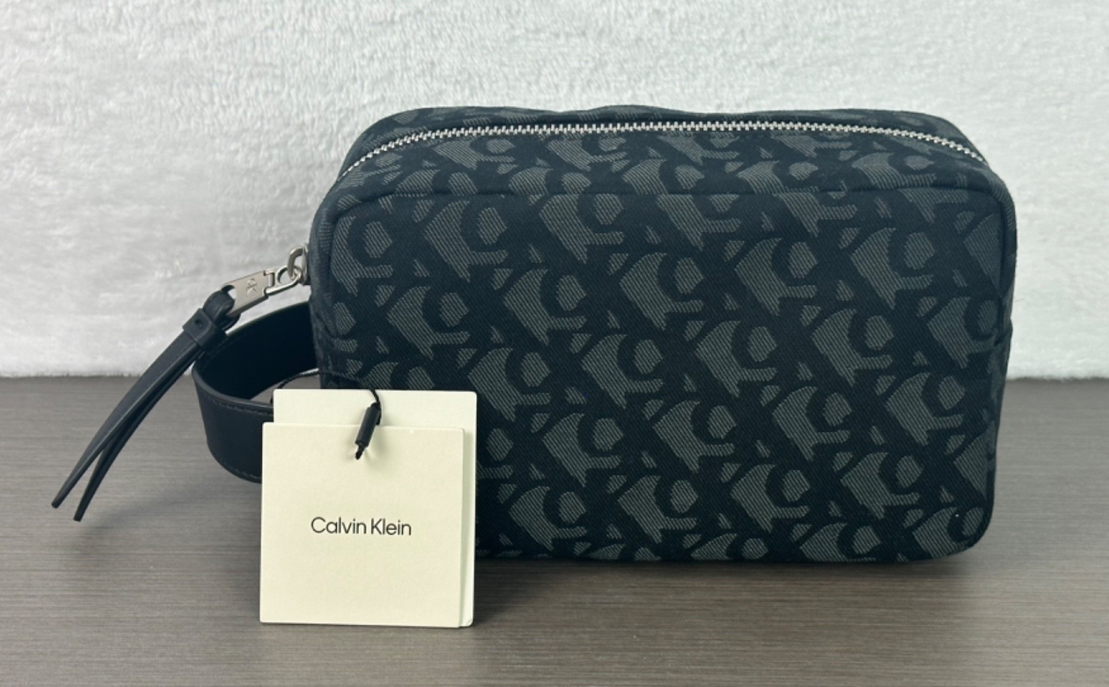 Calvin Klein Men’s Black Allover Monogram Logo Dopp/Toiletry Kit Bag NWT