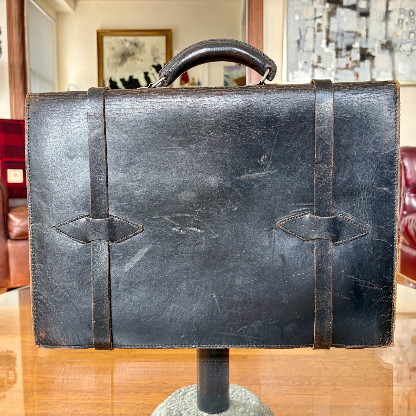 1920s Leather Briefcase Satchel Bag Double Strap Messenger MacBook Pro Blk Vtg