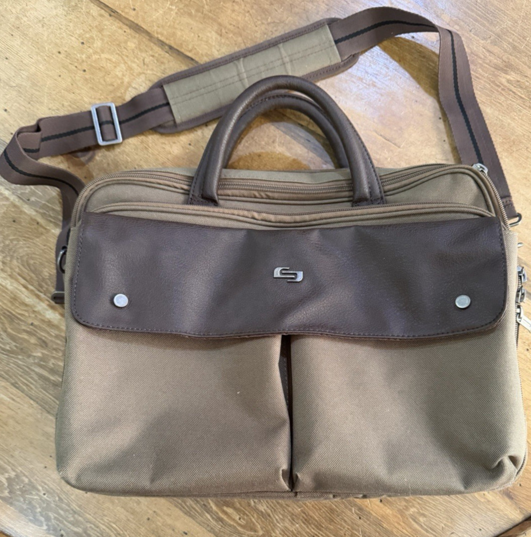 SOLO Green Brown Briefcase Laptop Case Messenger Bag Multi-pocket Compartments