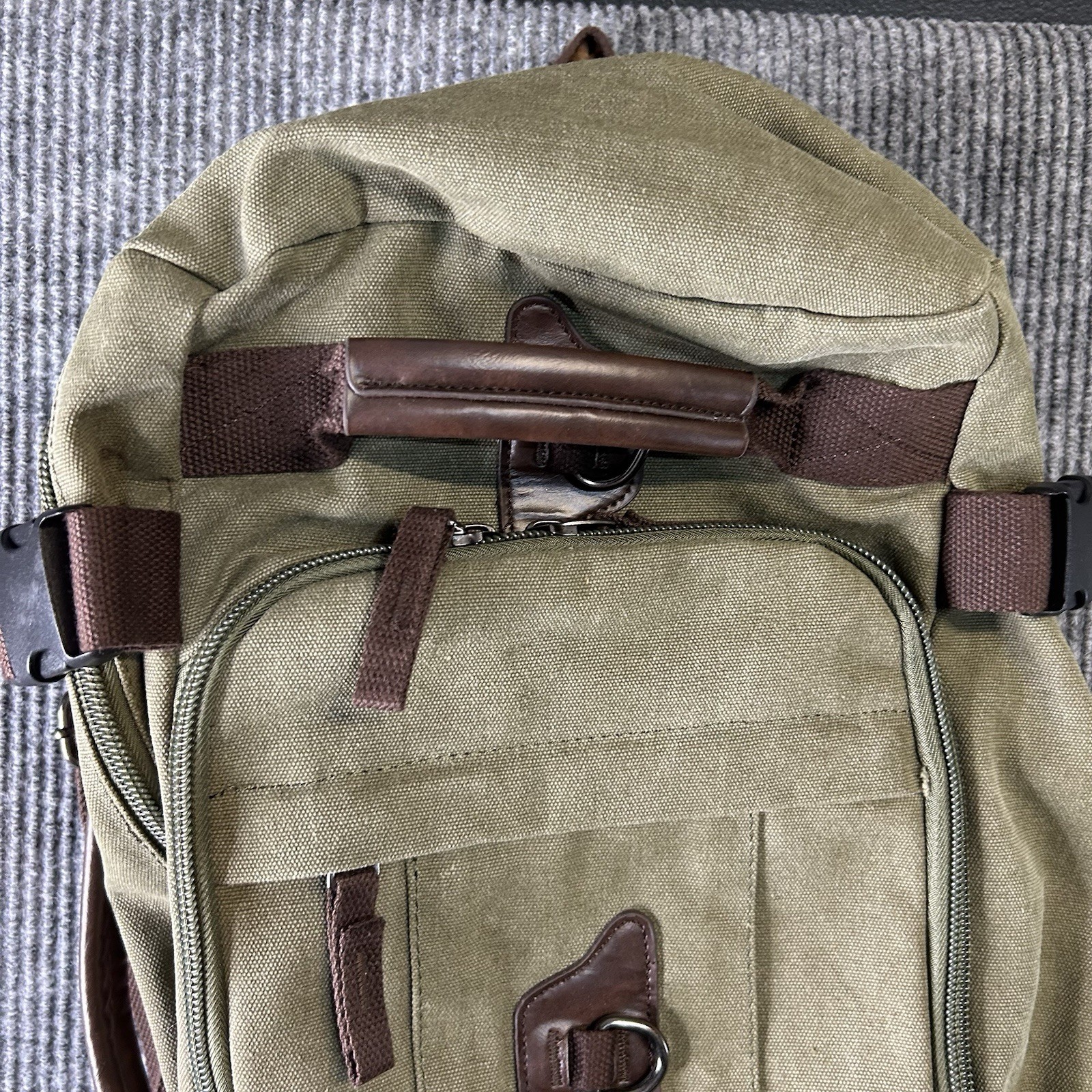 Canvas Backpack Duffel Bag Multiple Pocket Waist Strap Green