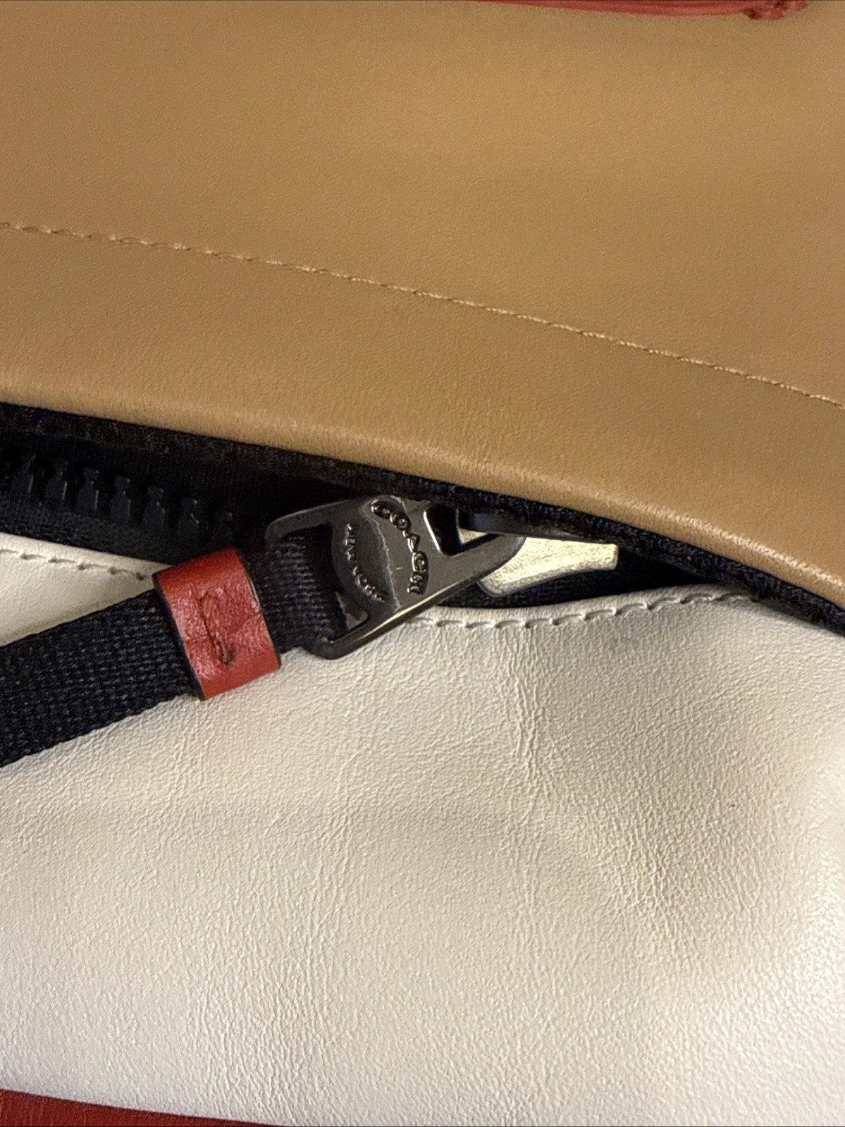 Coach Leather Racer Sling Pack – Unique Tan/Red/White ColorBlock Edition ~MC~