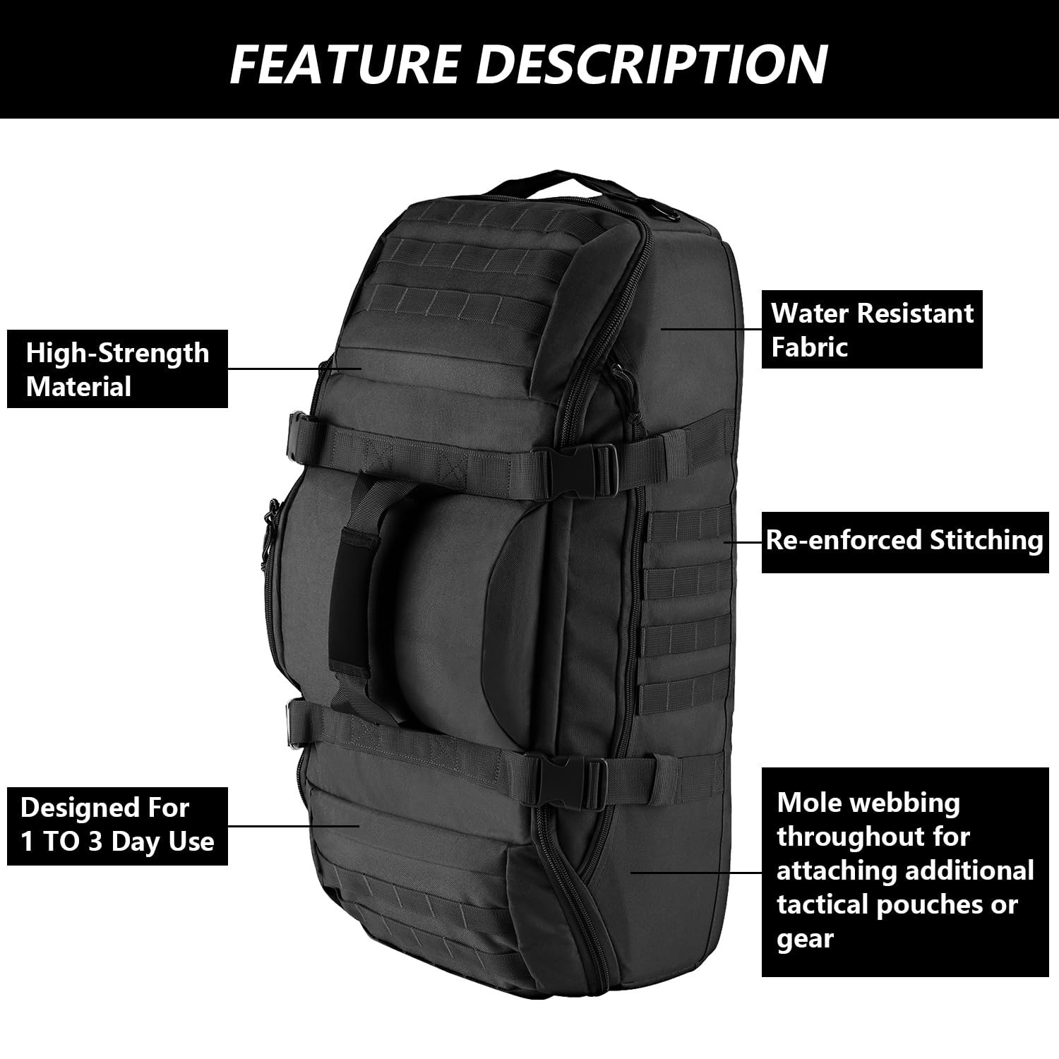 Large 55L Tactical Duffle Bag – 3-in-1 MOLLE Backpack for Gym, Sports, Outdoor