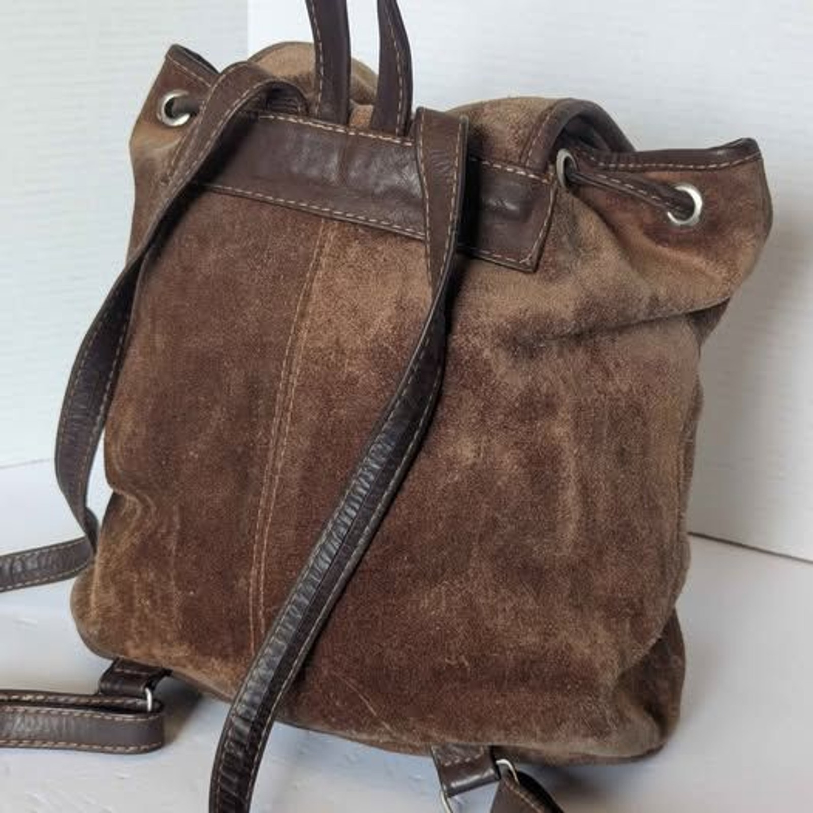 Vintage Tan Suede Leather Drawstring Backpack w Pocket 10x10x5″