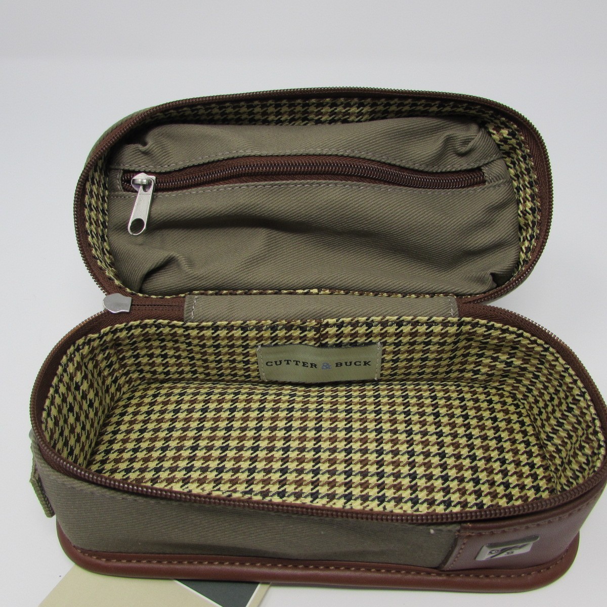 Cutter & Buck Valuables Pouch Cotton Twill Leather Trim Brown Tan Travel Stains