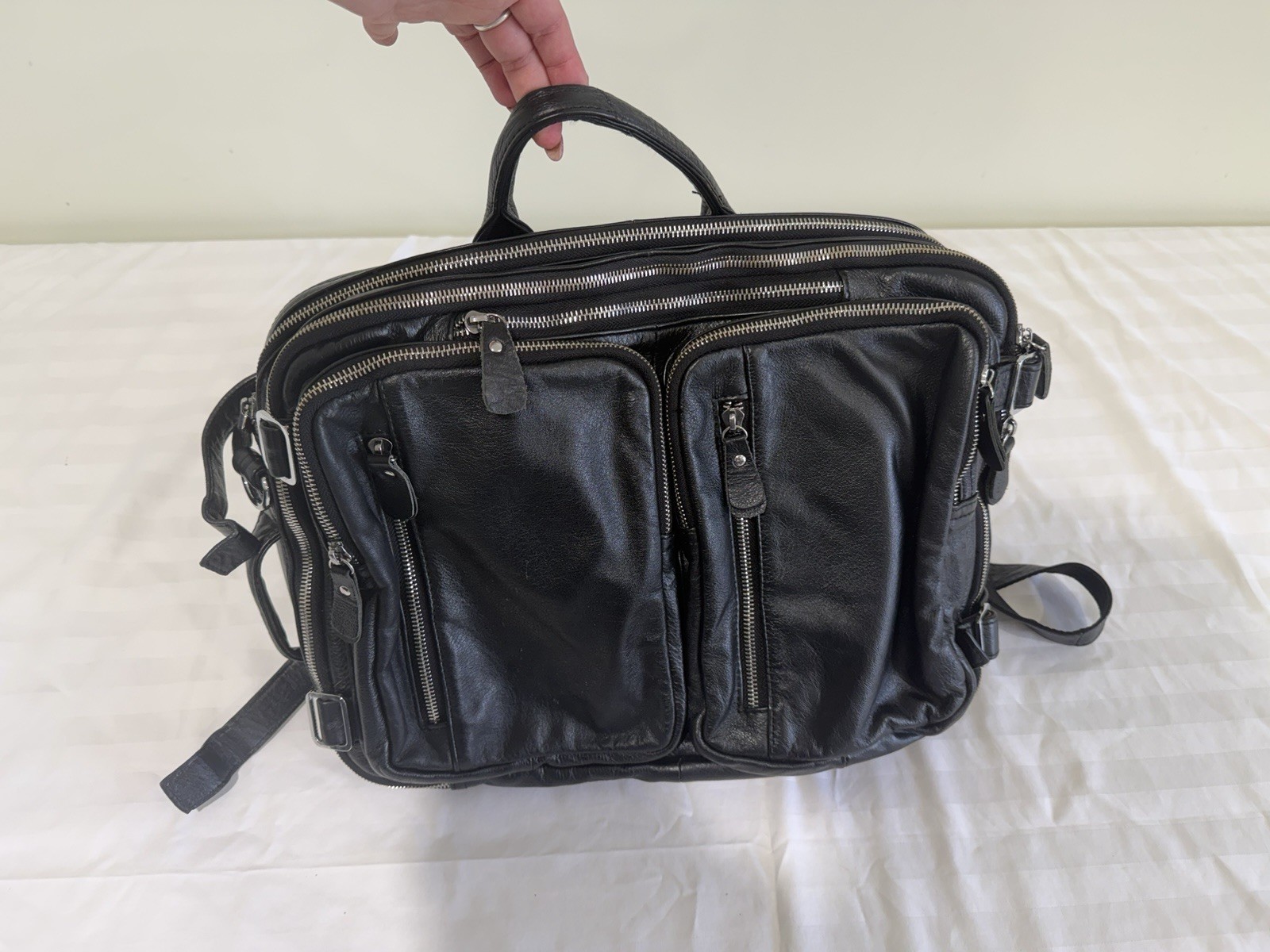 Black Large Convertible Backpack Briefcase, Multi-Zip, Top Handle, Lined