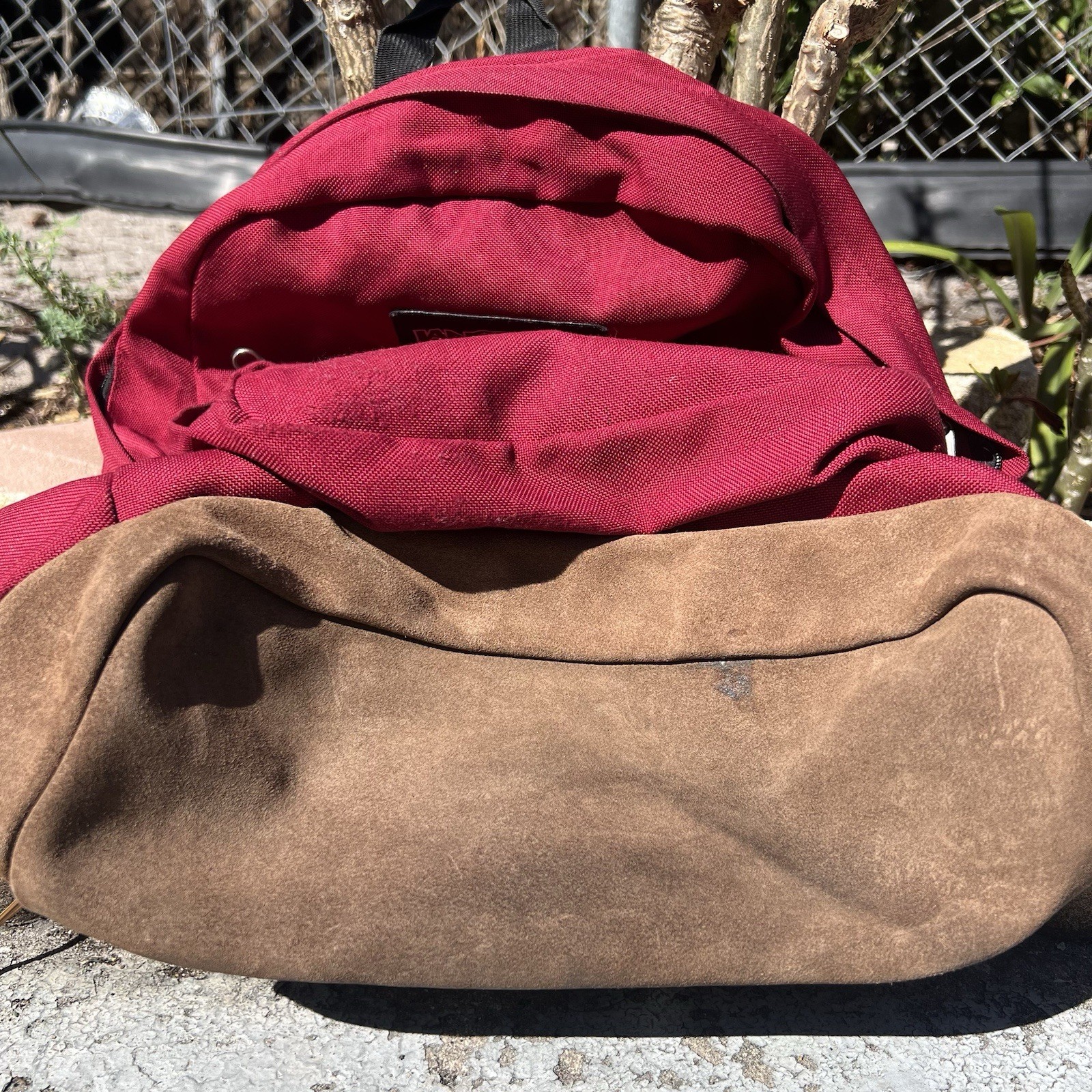 Vintage Jansport Red Backpack w/ Brown Suede Leather Bottom