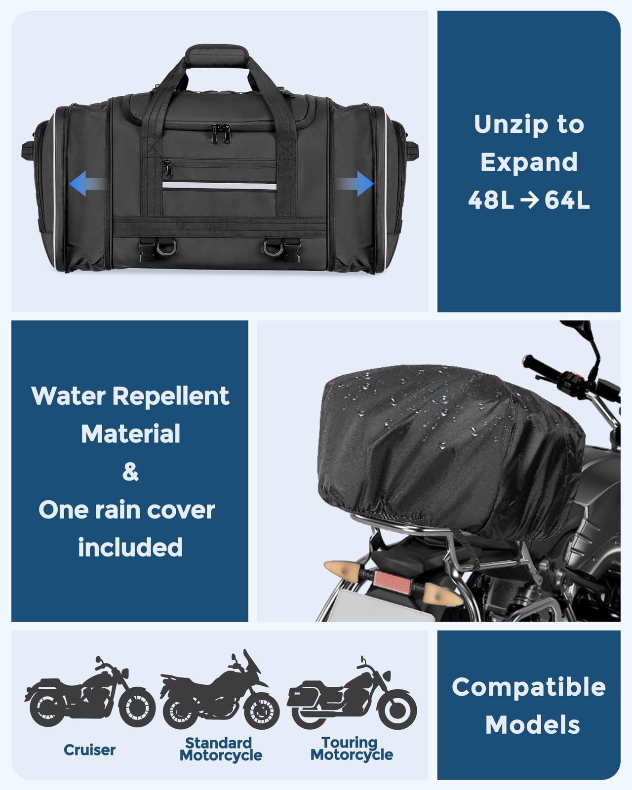 Marscamd Waterproof Motorcycle Tail Luggage Bag, 48L-64L Expandable, a Rain C…