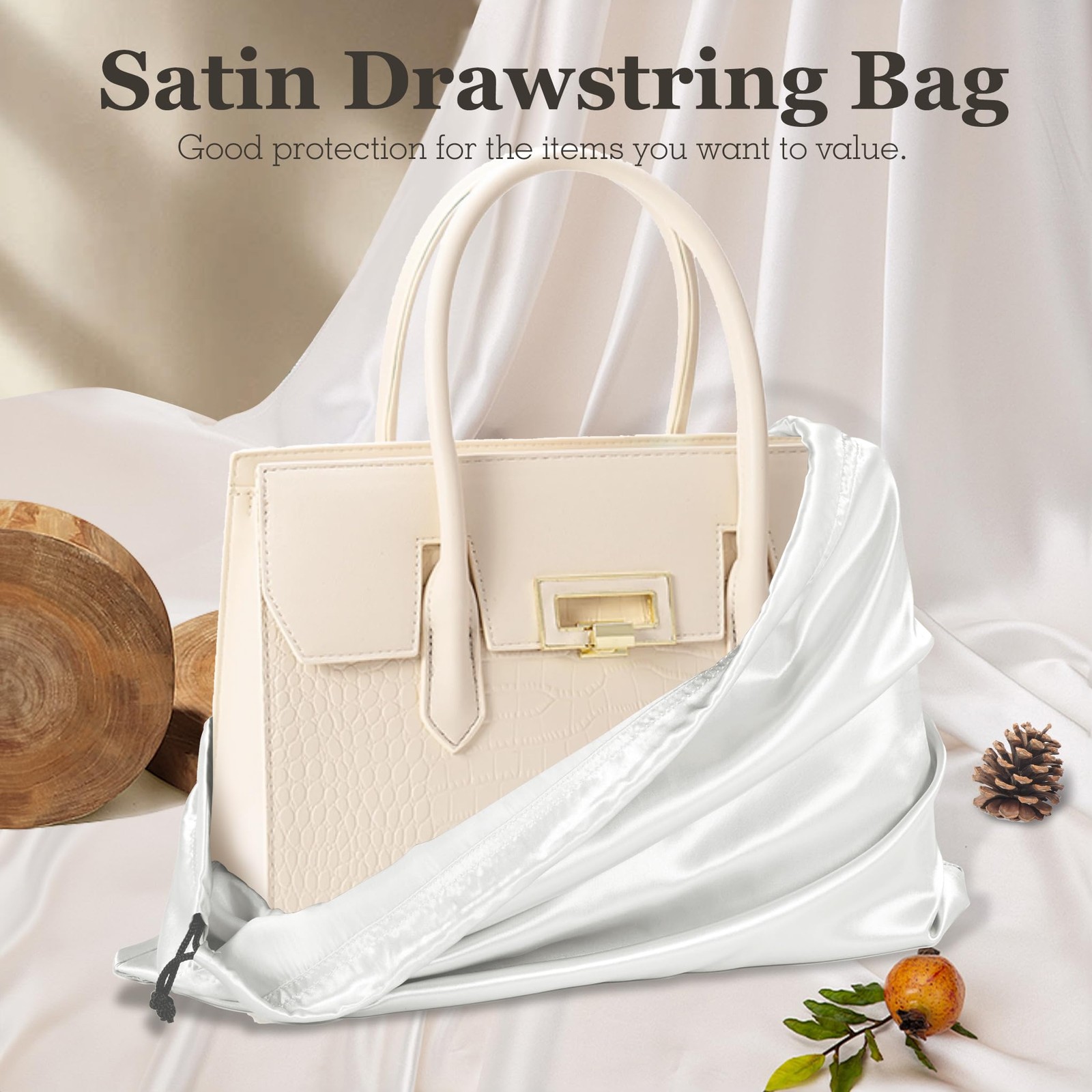White Satin Dust Bags 3 Pack Drawstring Pouch for Purse, 19.6×15.7in