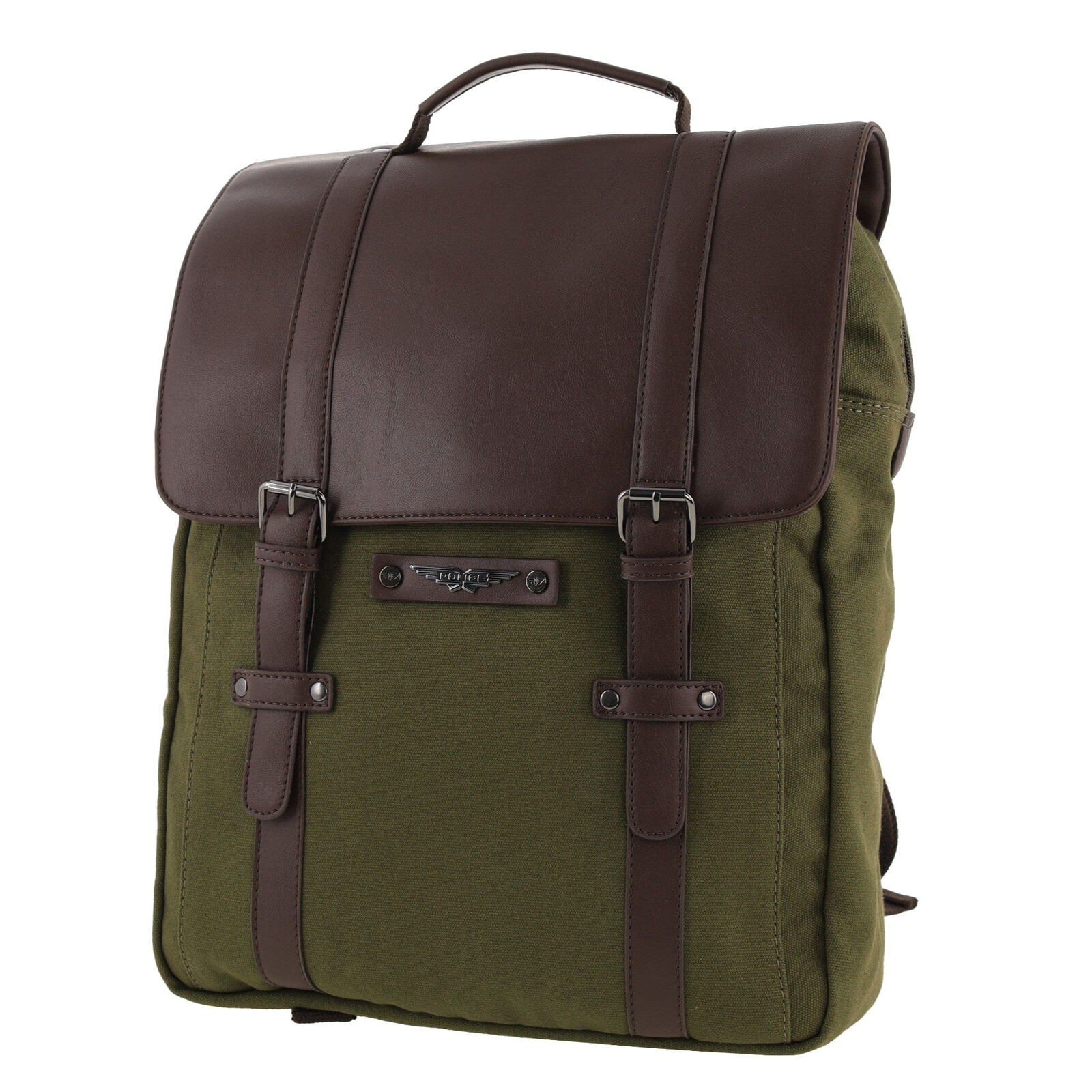 POLICE Messenger Backpack Bag with Laptop Computer Sleeve in Dark Olive