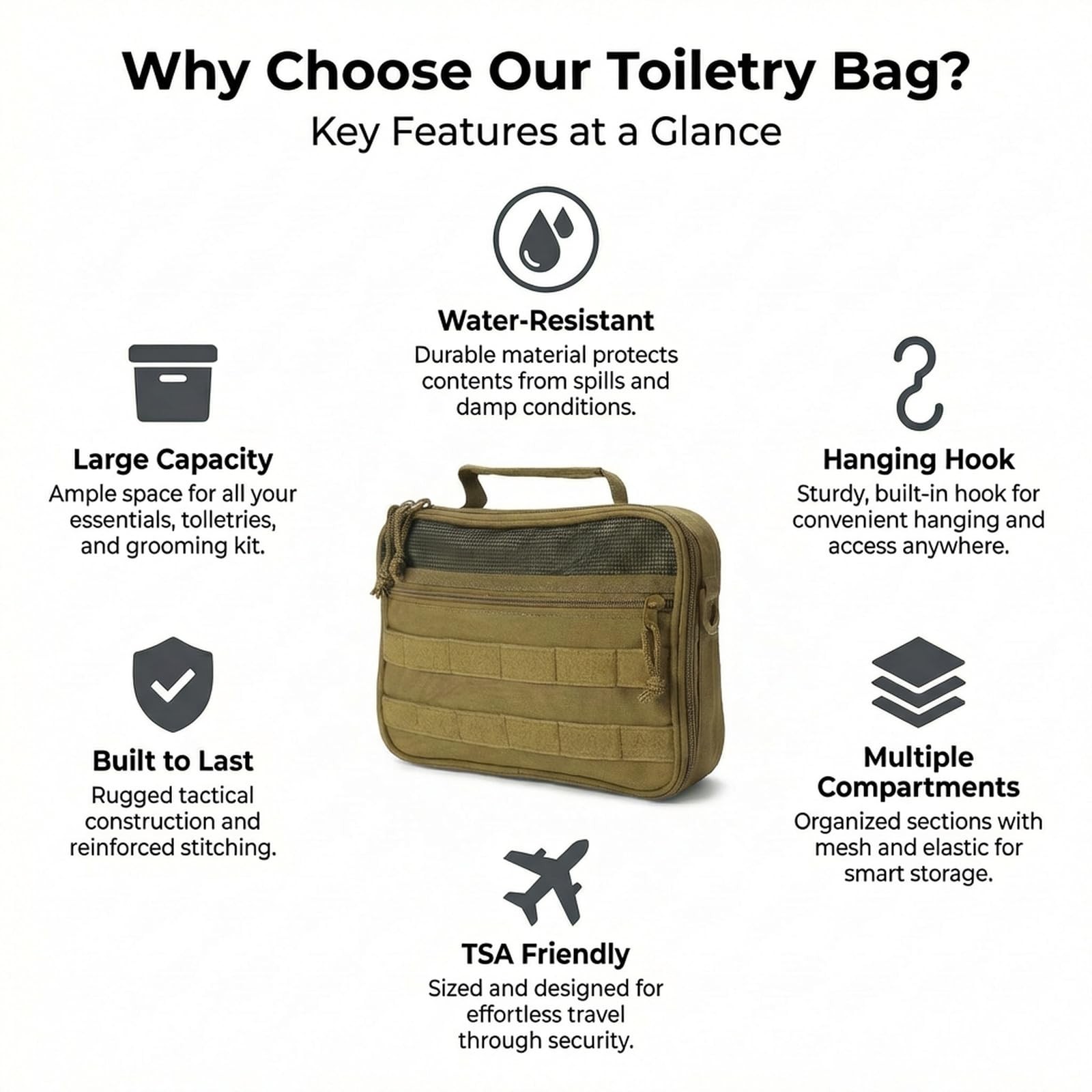 Brown Tactical Mens Toiletry Travel Bag Bathroom Organizer