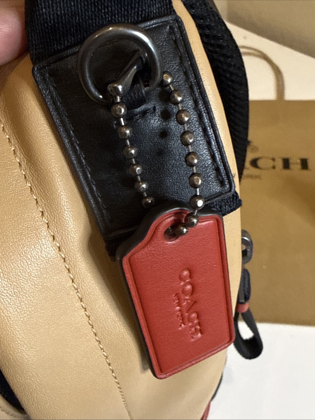 Coach Leather Racer Sling Pack – Unique Tan/Red/White ColorBlock Edition ~MC~