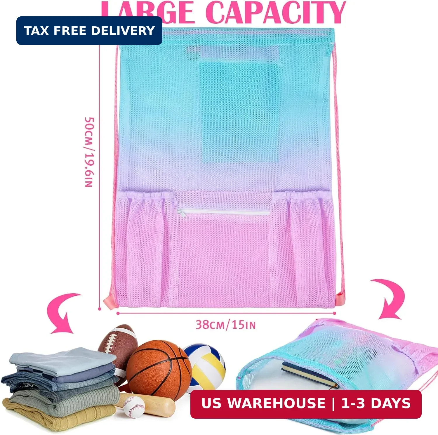 Mesh Drawstring Bag with Zipper Pocket, Beach Bag for Swimming Gear Backpack Gym