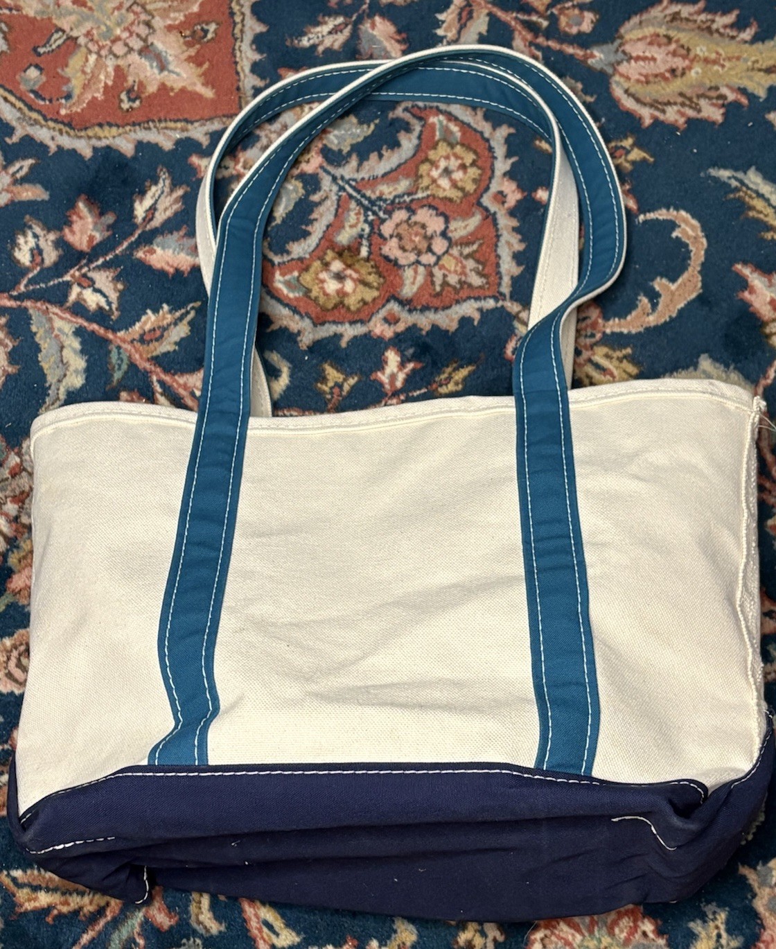 LL Bean Boat & Tote Bag Medium Royal Blue Turquoise Long Handle EUC Purse