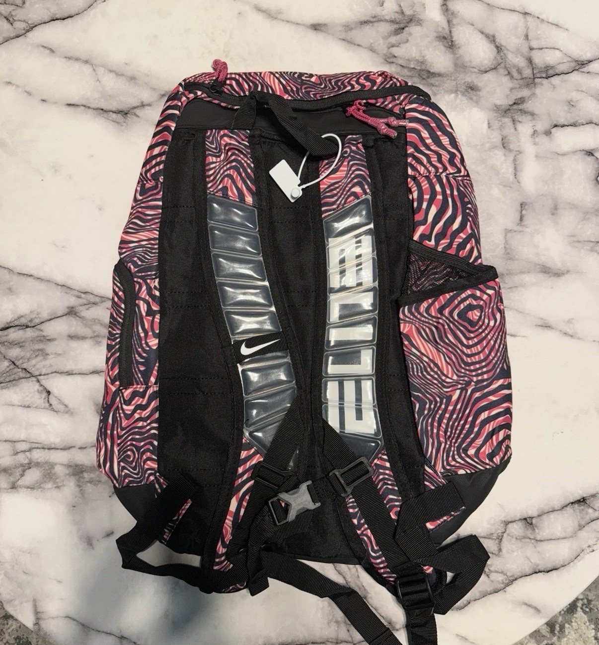 Nike Elite Backpack Pink Black Abstract Large Zip Outer Pockets Padded Straps