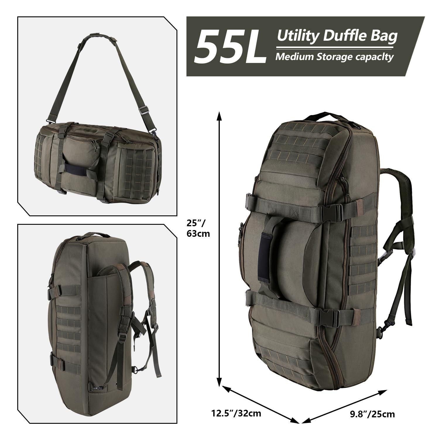Hannibal Tactical 55L Large Duffle Bag, 3-in-1 Tactical Backpack MOLLE Pack f…