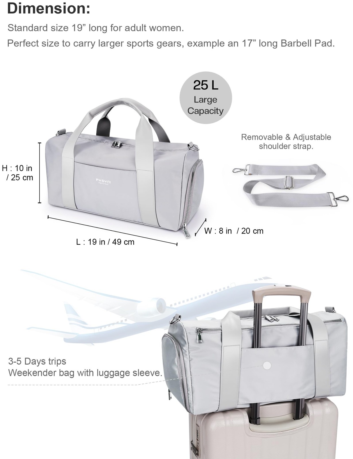 19-inch Medium Neutral Grey Gym Bag, Shoe Compartment, Wet Pocket, Duffle