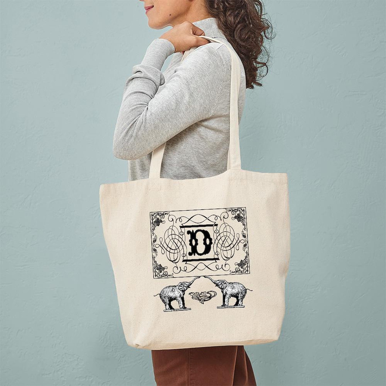 CafePress Letter D Ornate Circus Elephants Monogram Tote Tote Bag (974985079)