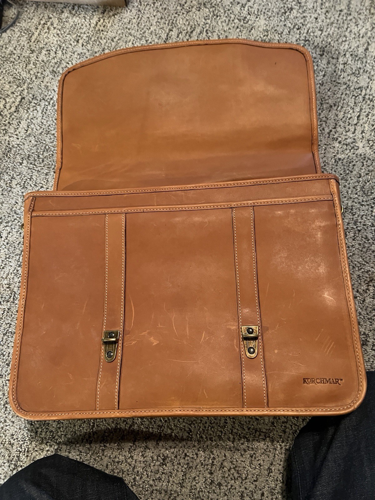 Vintage Korchmar Brown Tan Belted Leather Briefcase Work Bag Made In USA CLEAN!