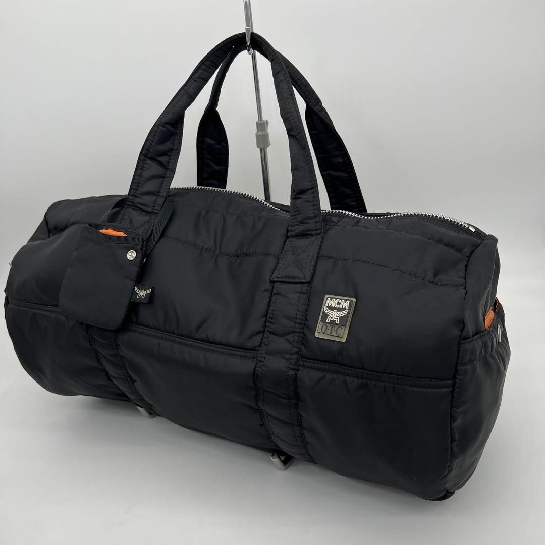 MCM Boston Bag Handbag Large Capacity Black Orange Logo Mens Ladies