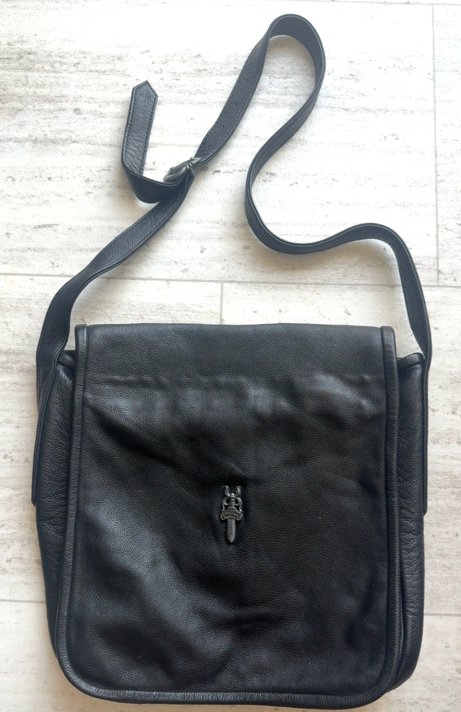Chrome Hearts Black Leather Messenger Crossbody Bag Sterling Silver Dagger Rare
