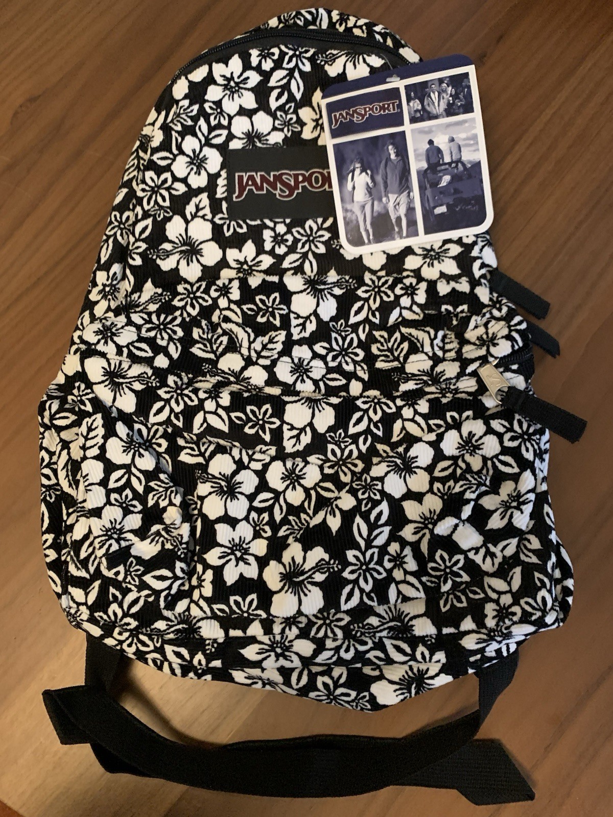 Jansport Backpack Black Ivory Corduroy Hawaiian Floral Hibiscus 16″X11”🔥