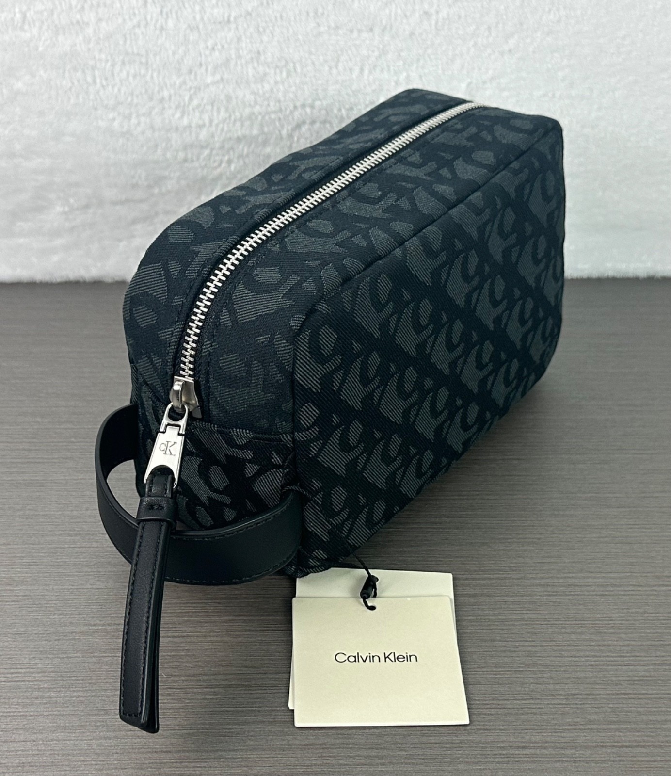 Calvin Klein Men’s Black Allover Monogram Logo Dopp/Toiletry Kit Bag NWT