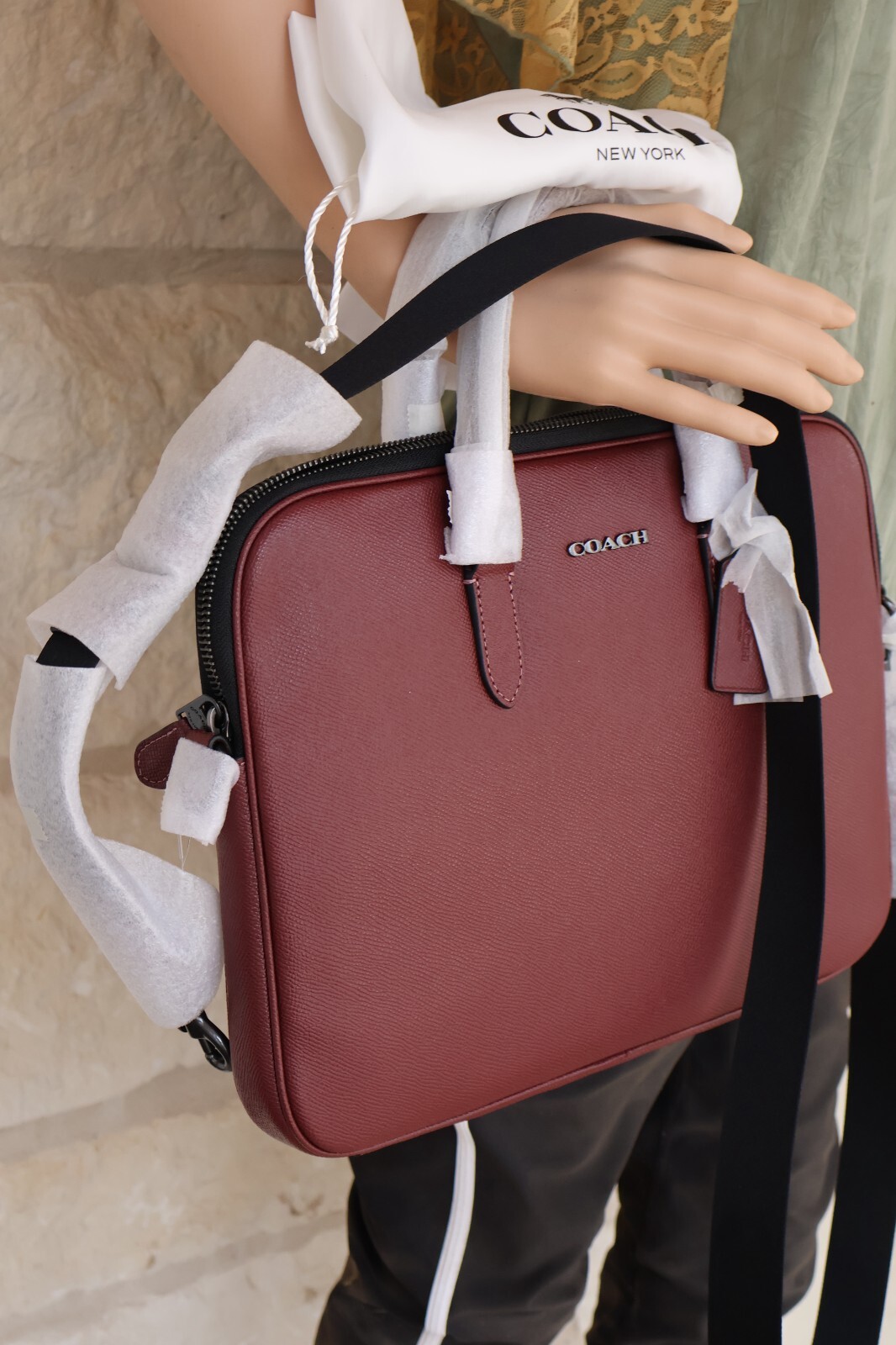 NEW Coach Liam Compact Leather Briefcase Slim Unisex WINE/black nickel Dust bag
