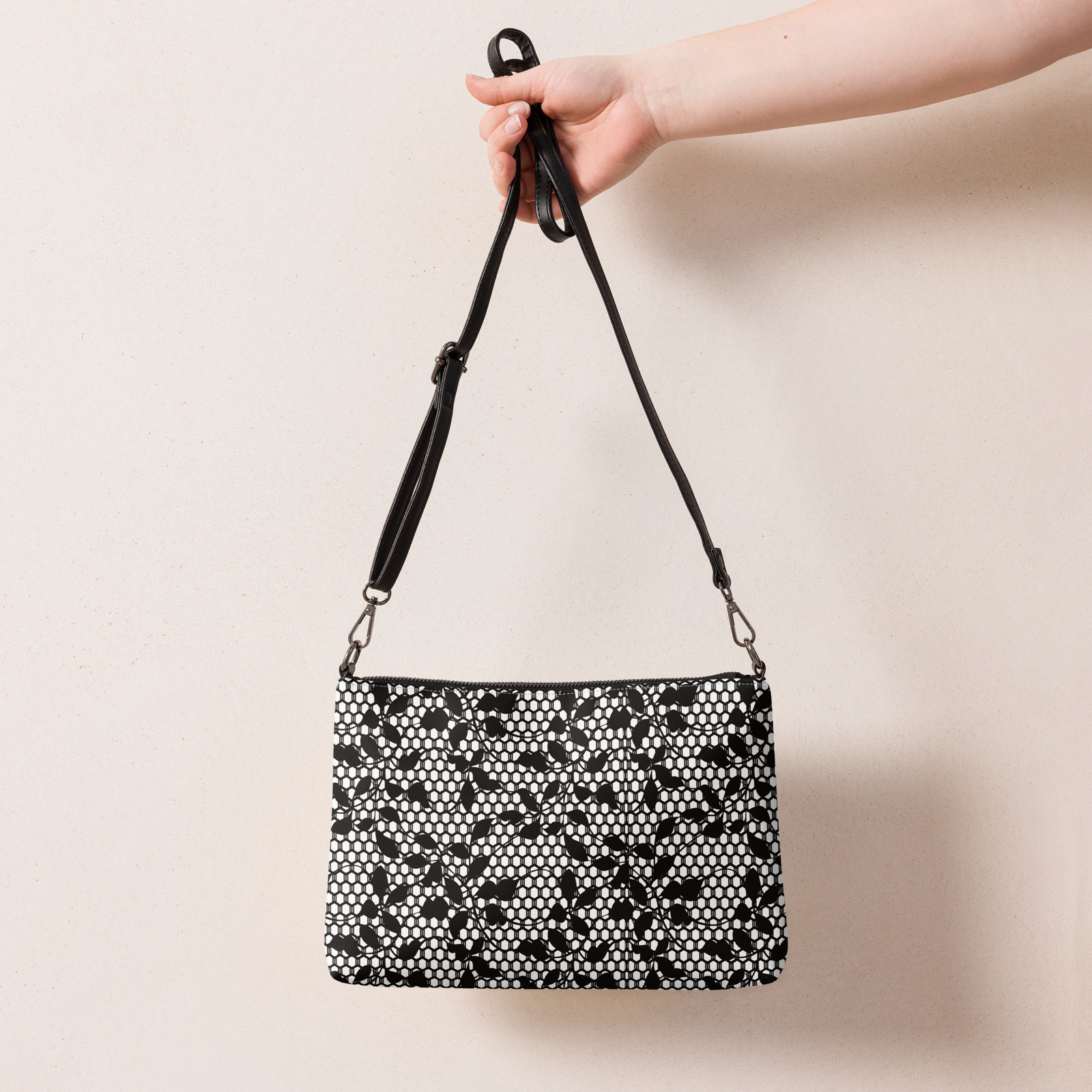 Womens Wristlet Black White Seamless Floral Lace Print Crossbody Shoulder Bag