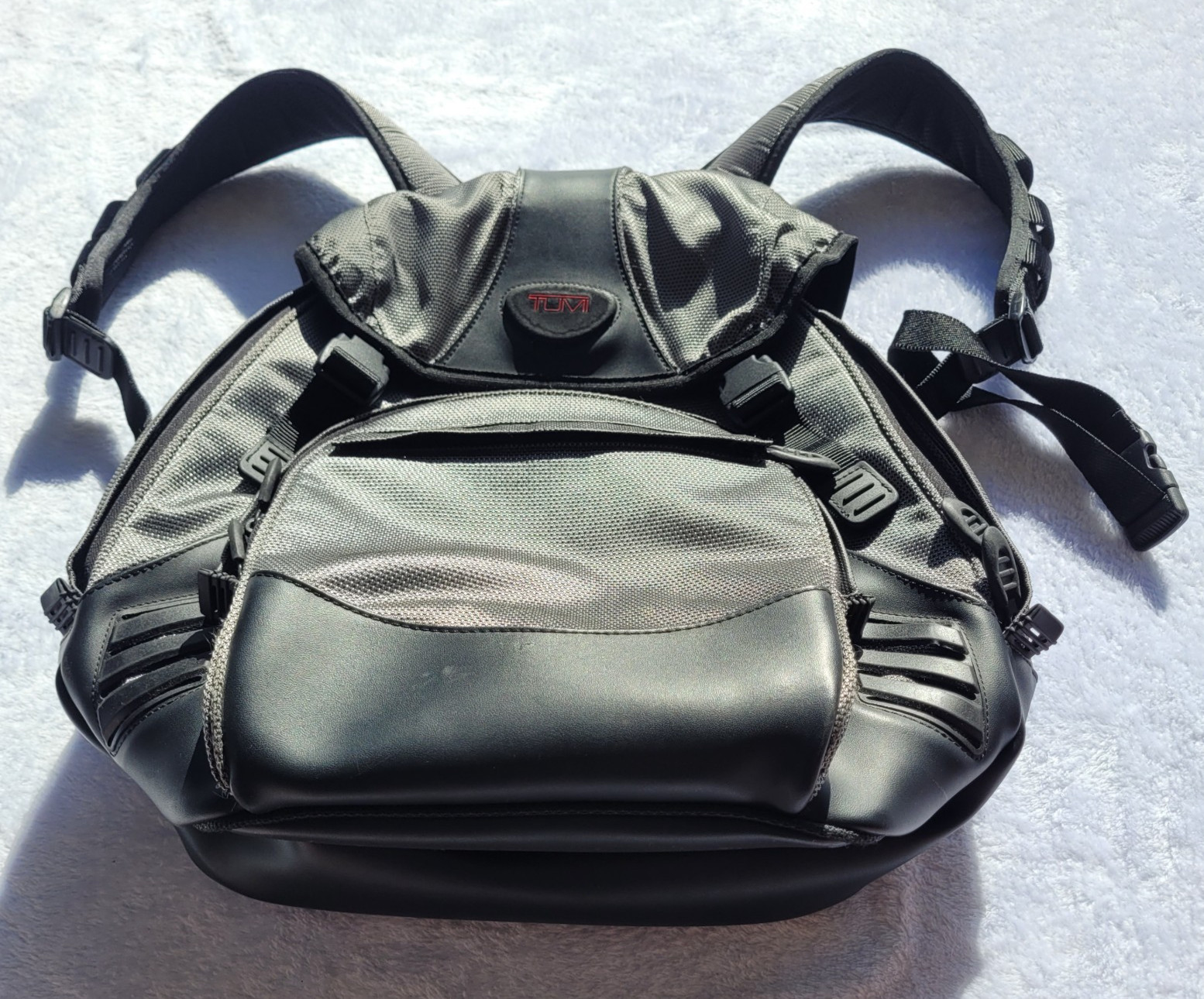 Tumi Black T2 Backpack Travel Bag Compartment Logo Leather Nylon Executive