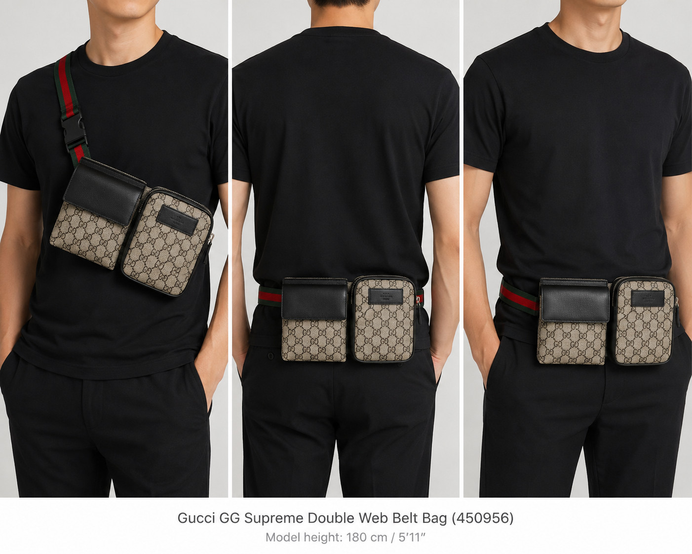 Gucci GG Supreme Double Web Belt Bag Men’s Brown Canvas Italy Crossbody W/COA