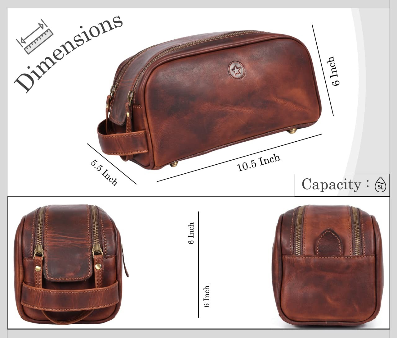 10″ Leather Toiletry Travel Pouch | Waterproof Vintage Dopp Kit – Dark Brown