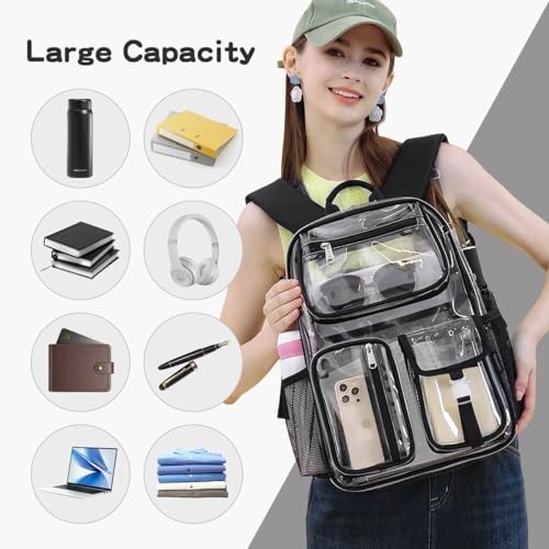 Heavy-Duty Clear Backpack for Stadium Events, TPU Clear Book Bag, 16 x Black