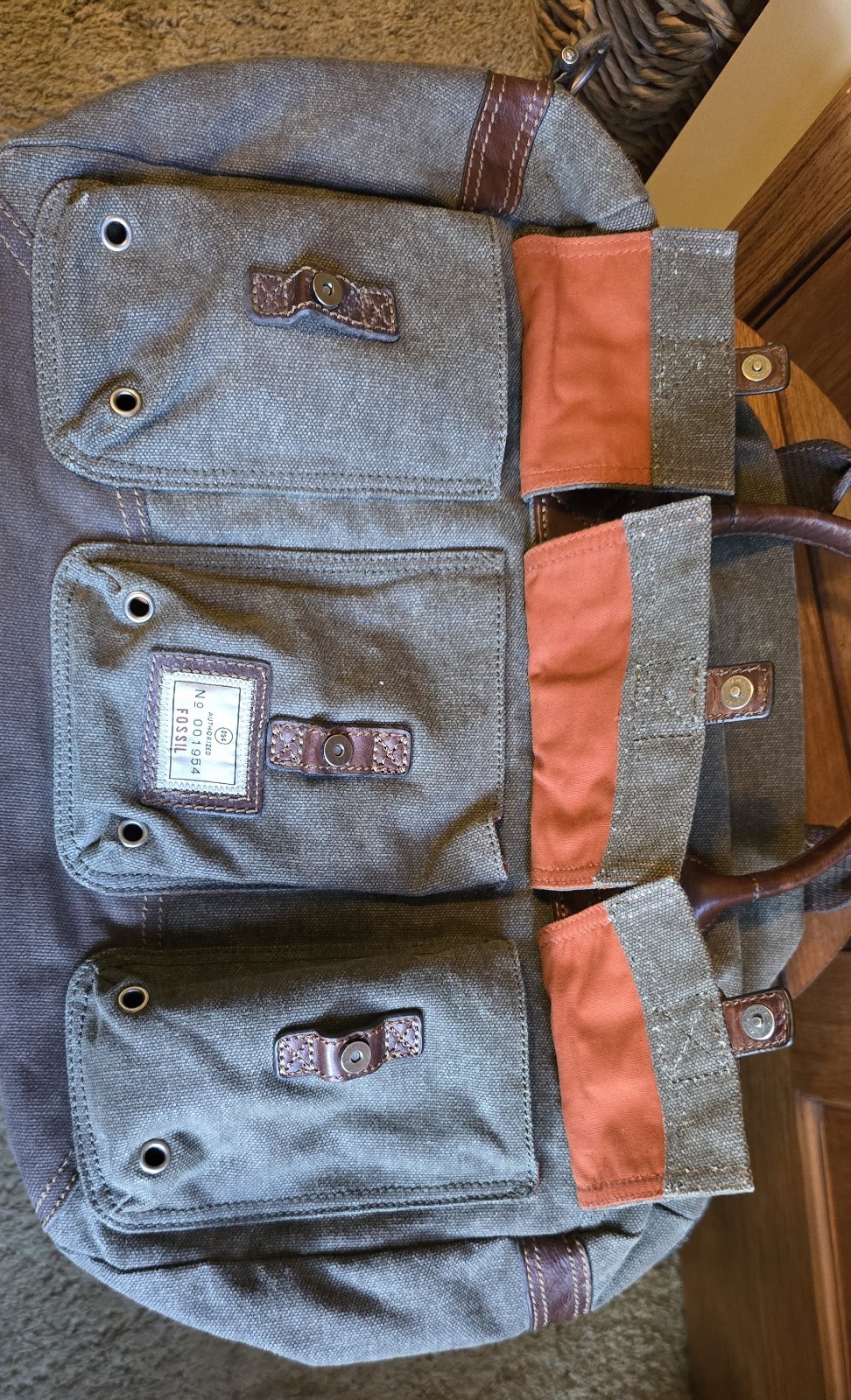 Fossil Canvas Leather Duffle Bag Army Green Adjustable Removeable Strap