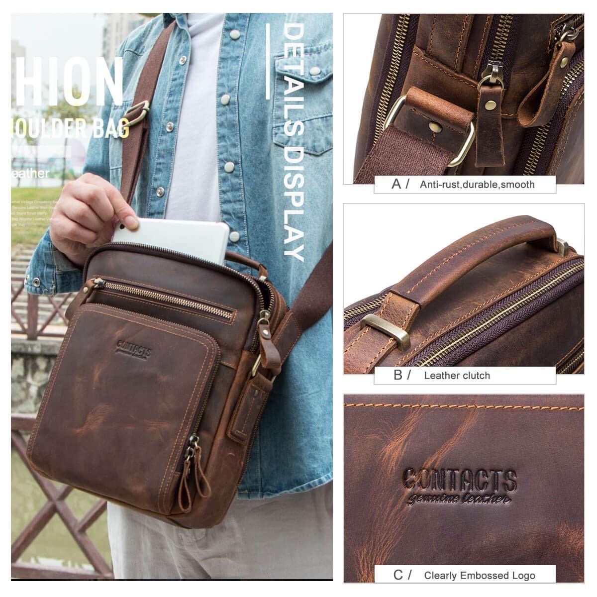 Men’s Crazy Horse Cow Leather Messenger Bag, Crossbody Bag for Men, 25.5 cm x…