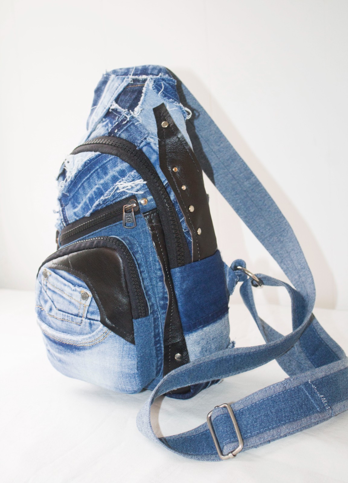 Denim single-strap chest backpack Upcycling Unisex sling bag