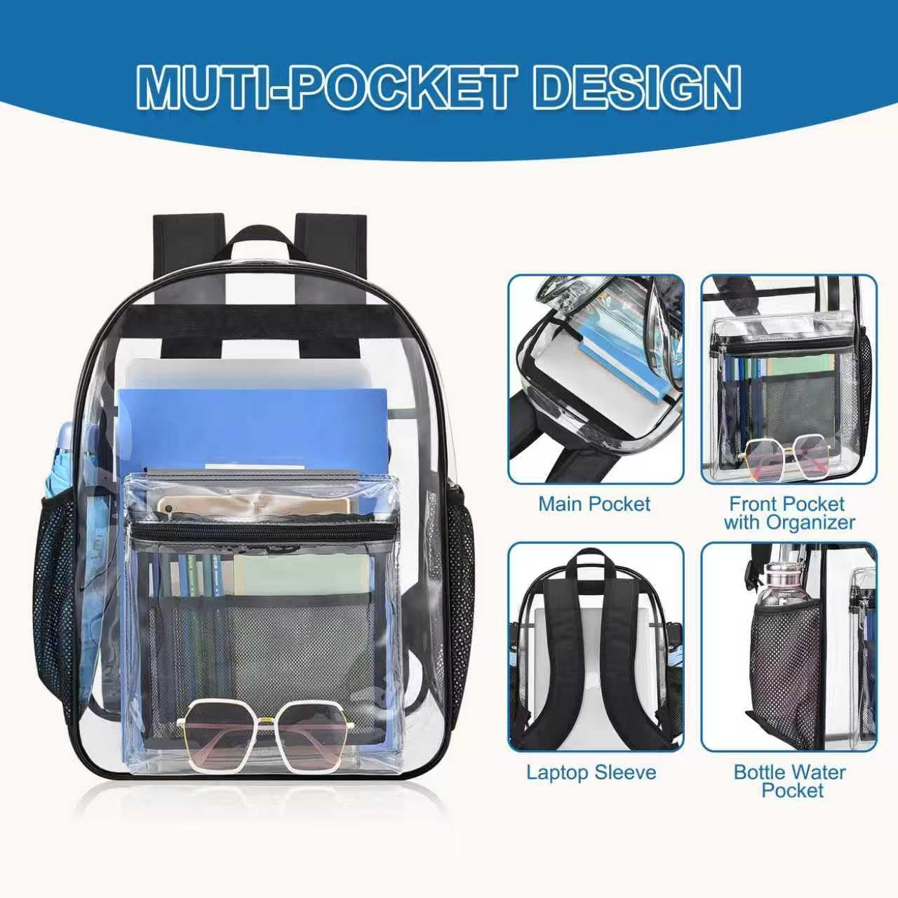 Clear Backpack Heavy Duty PVC Transparent Backpack with Reinforced Strap See thr