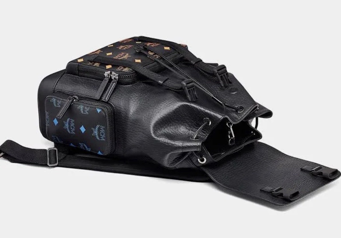 MCM Black Logo Print Backpack Blue Top Handle Drawstring Buckle Mens